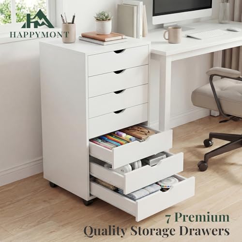 Image of Mobile File Cabinet Under Desk, 7 Drawer Storage Organization with Wheels, Vertical Filing Chest Rolling Wood Small Desk Printer Stand for Home Office, 15.75 inch D x 18.74 inch W x 34.25 inch H