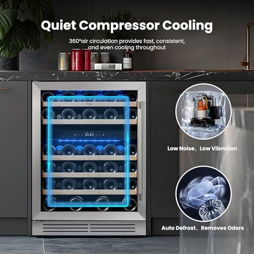 Image of Yeego 24 Inch Wine Fridge, 52 Bottle Dual Zone Wine Cooler with Left Hinged | Built-In or Freestanding, Under Counter Wine Refrigerator with Glass Door, 40-65F | For Home Bar, Kitchen