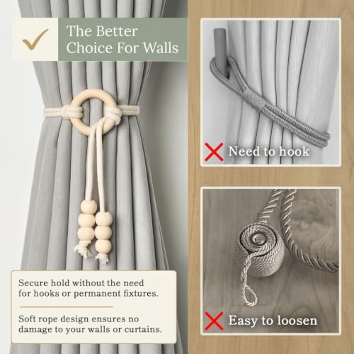 Image of HASTHIP 2 Pack Cotton Rope Curtain Tiebacks Boho Handwoven Holdbacks | Handwoven boho cotton rope curtain tiebacks with wood ring for living room bedroom window decor