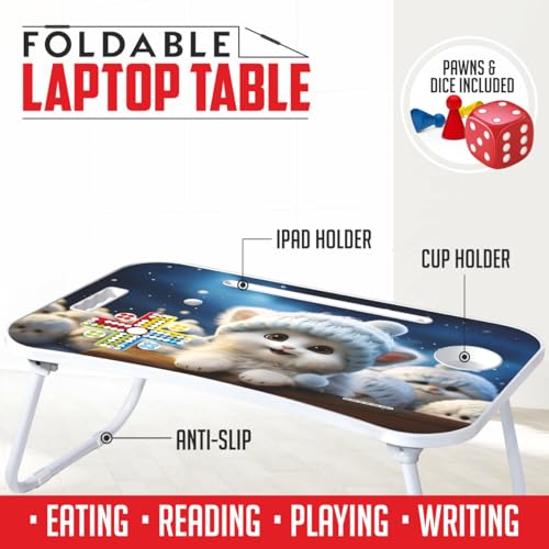 Image of Amazon Brand - Jam & Honey Foldable Laptop Table for Kids 4+ Years, Portable Study Bed Desk with Cup Holder, Tablet Stand & Ludo Game, Cute Cat Design, BIS Certified Safe