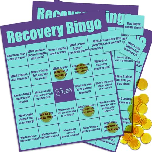 LAOYALBOH Recovery Bingo Game Recovery Game for Adults in Addiction Groups 24 Cards and 200 Chips Motivational Recovery Activity for Counseling Sessions Rehab Centers and Support Meetings