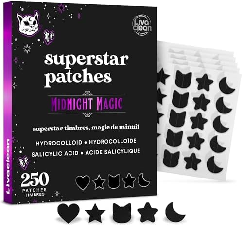 LivaClean 250 CT Midnight Magic Black Star Patches - Hydrocolloid Covers, Cute Face Patches, Star Patch for Face