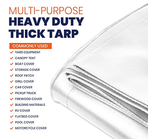 Image of Heavy Duty 10 Mil Tarp Cover, Waterproof, UV Resistant, Rip and Tear Proof, Poly Tarpaulin with Reinforced Edges for Camping, Roof, Patio, Pool, Boat. (White 12′ X 20′)