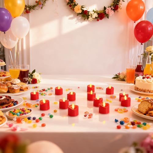 Image of CANDLE CHOICE Battery Operated Flameless Tea Lights Realistic Black Wick Bright Flickering LED Tealight Votive Candles Wedding Party Table Halloween Christmas Decorations Batteries Incl. 12 Pack Red