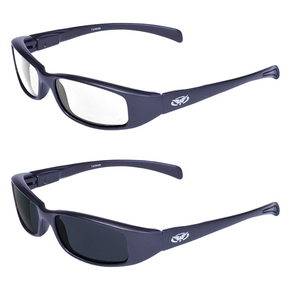 Global Vision 2 Pair New Attitude Black Sport Motorcycle Riding Sunglasses 1 with Clear Lens and 1 with Super Dark Lens