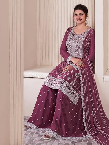 Image of TRENDMALLS Women's Art Silk Heavy Embroidery Work Kurta Palazzo with Dupatta Salwar Suit Set For Women