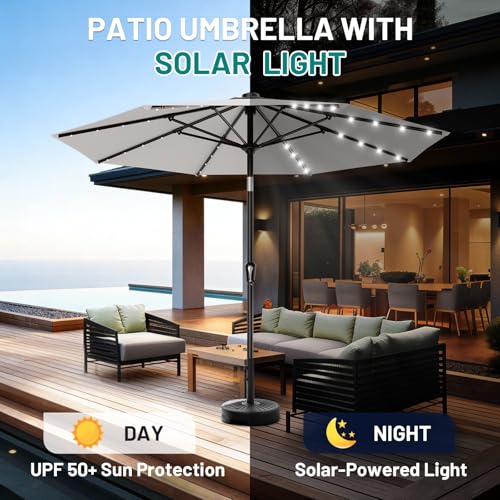 Image of AreShark 9FT Patio Umbrella with Solar Lights, 32 Lighted Pool Umbrella w /Tilt and Crank, Outdoor Market Solar Umbrellas for Garden, Deck, Backyard, Pool and Beach, Light Gray