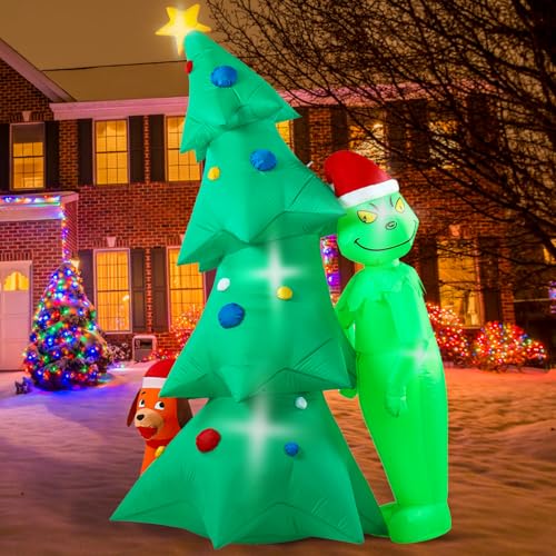 QwayHome Christmas Green Big Monster Inflatable Decorations, 6.5FT Light Up Christmas Inflatable Outdoor Decorate Build-in 6 LED, Christma Funny Green Big Monster, Dog and Xmas Tree Blow up Decor