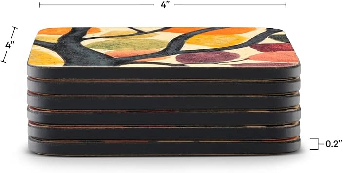 Pimpernel Dancing Branches Coasters, Set of 6 4 Square Cork-Backed Board with Artistic Print, Heat & Stain Resistant to 212F, Lacquered Finish Table Protectors Designed in England
