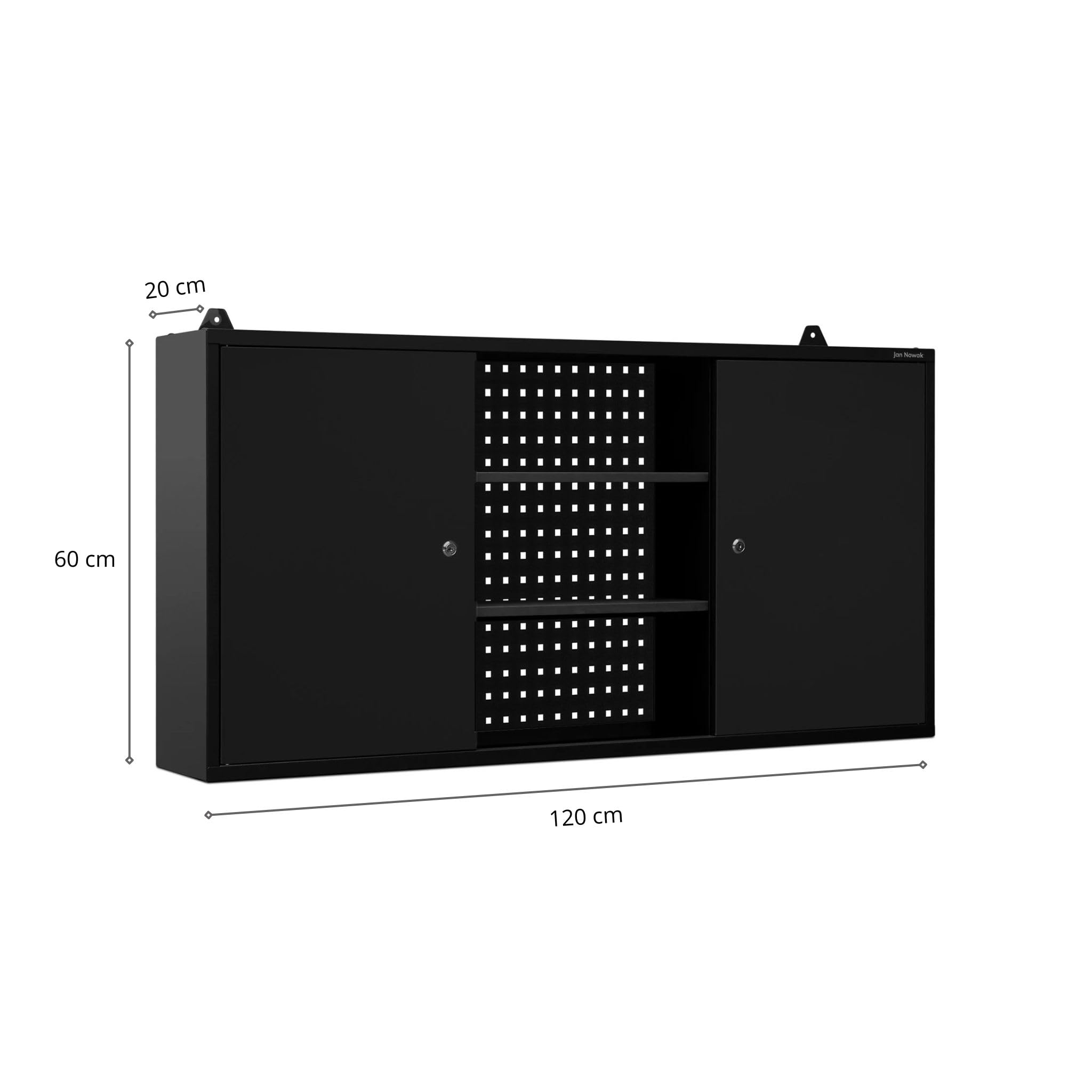 Jan Nowak Armoire Murale à Outils Métal 2 Étagères 120 x 60 x 20 cm Noir | Armoire d’atelier suspendue, 2 étagères réglables, 2 compartiments et rangement mural robuste en métal noir.