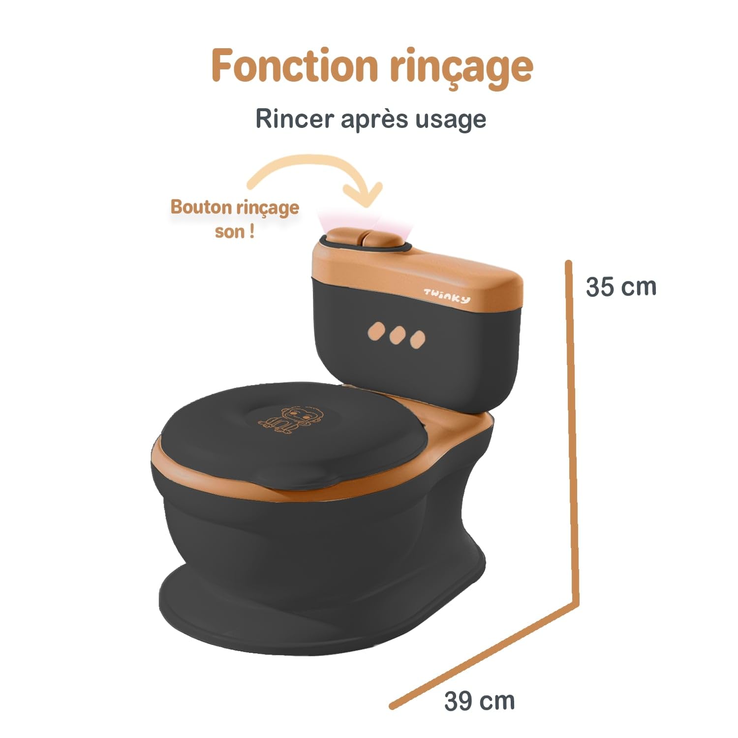 Twinky® Pot pour bébé et enfant - Potty Trainer 3 en 1 - Toilettes pour bébé - Avec son chasse d'eau - Design compact - Musique et porte-rouleau - Siège de toilette parfait pour les enfants - Noir