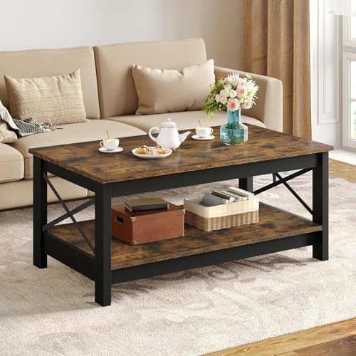 YITAHOME Table Basse Rectangulaire, Table Basse Salon Bois, Double Epaisseur de Bois, Support Latéral en Métal Forme de X, 100x55,3x45cm