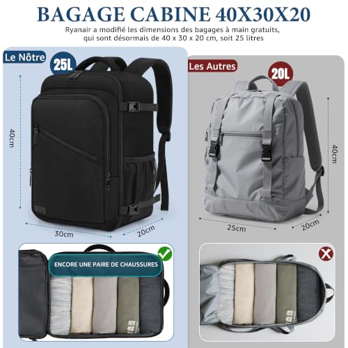 VSNOON Sac cabine Ryanair 40x30x20, 25L Sac a Dos Voyage Cabine Avion – Image 3