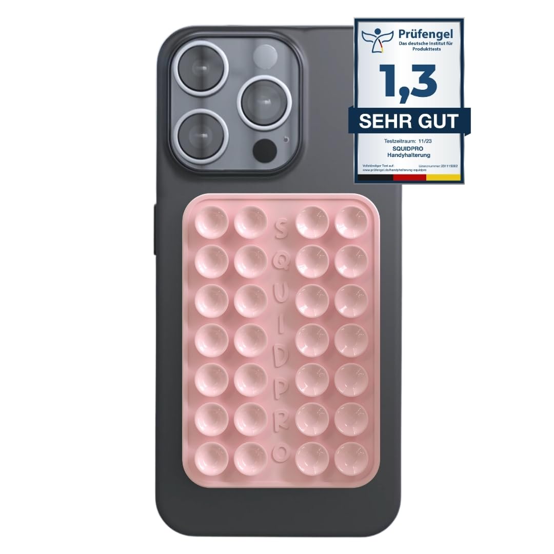 SQUIDPRO® - Silikon Saugnapf Handyhalterung, selbst-klebend, Kompatibel mit Allen gängigen iPhone- und Android Mobiltelefonen BZW. Handyhüllen, Freihändige Halterung für Selfies (Rosa)