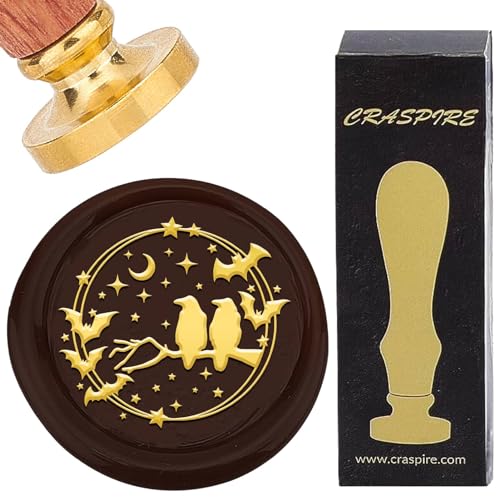 CRASPIRE Raven Wax Seal Stamp Retro Bat Moon Star Sealing Wax Stamp 25mm Removable Brass Head with Rosewood Handle for DIY Scrapbooking Invitation Gift Wrap Envelopes Wine Packages