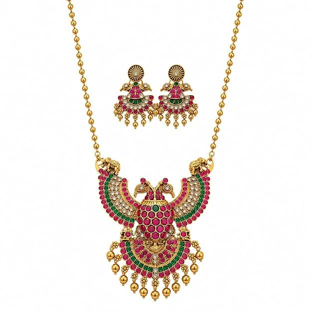 Traditional Gold Plated Temple Jewellery Necklace Set for Women | Antique Statement Pendant with Beaded Ball Chain & Matching Earrings | South Indian Bridal Wedding Festival Ethnic Jewelry-picture-29