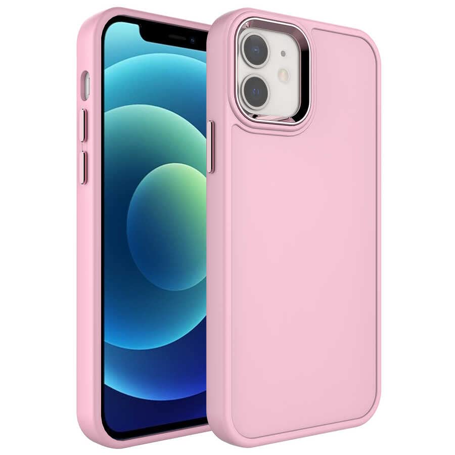 Zore Apple ile uyumlu iPhone 11 Kılıf Metal Çerçeve ve Buton Tasarımlı Sert Zore Botox Kapak Pembe Açık