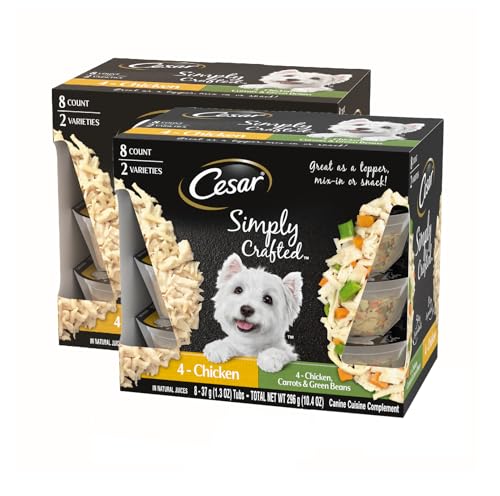 Image of Cesar Simply Crafted Wet Dog Food Toppers for Dry Food, Chicken and Chicken, Carrots & Green Beans Meal Topper Variety Pack, 1.3 oz. Tubs, 8 Count (Pack of 2)
