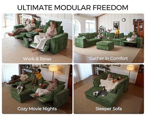 Image of 152.4 inch Power Recliner Sofa Wall Hugger, Modular Cloud Sectional Reclining Couch with Headrest, Storage Drawer Cup Holder, 3-Seater with 2 Consoles for Home Theater Living Room, Chenille, Green