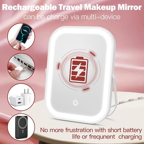 Image of ROLOVE Rechargeable Makeup Mirror, 6x8 Inch Portable Vanity Mirror with Lights, 3-Color Dimmable LED Lighting, Tabletop Mirror, Travel Essentials