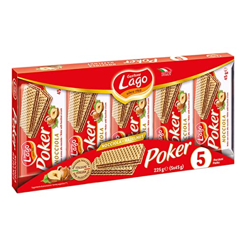 Lago 1968, Poker Nocciola 5x45g, Wafer con Vellutata Crema alla Nocciola 75% con 3 Strati Friabili di Wafer