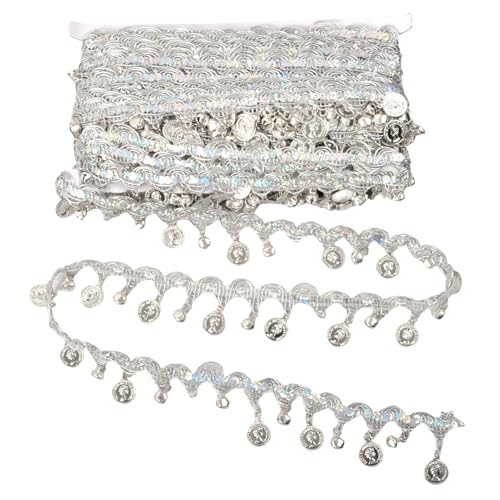 15 Yards Gold Coin Shape Sequin Tassel Trim, Women's Sequin Tassel Belly Trim Coins Belly Dance Hip Scarf Belt Dance Sequins Tassel Fringe National Dance Costume Accessory (Silver)