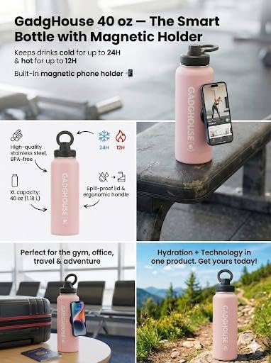 GadgHouse 40oz Stainless Steel Water Bottle with Magnetic Phone Holder – Leakproof, Insulated, BPA-Free, Keeps Hot 12H Cold 24H, for Gym, Office, Travel (BLUSH PINK) - Image 2