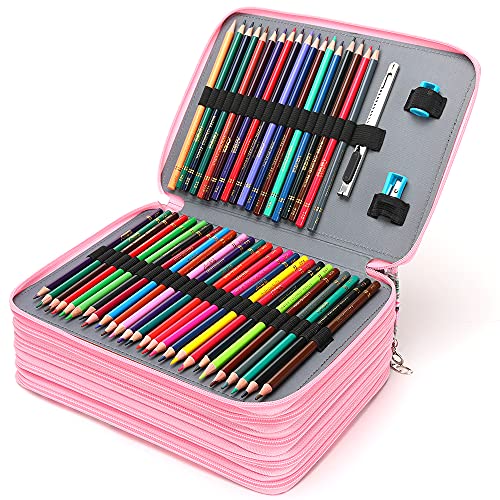 Image of Vomgomfom 252 Slots Pencil Case 5-Layer PU Leather, Handle, Pink Flower