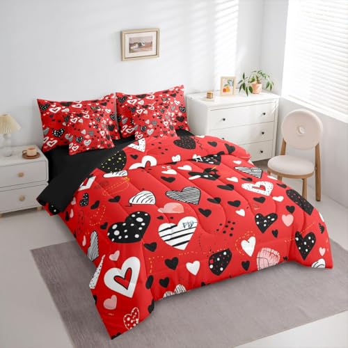 Image of Erosebridal Love Heart Comforter Set Full 7 Piece Red Heart Shaped Bed in A Bag Romantic Valentine Theme Bedding Sets for Kids Girls Geometric Stripes Sheet Set with Comforter