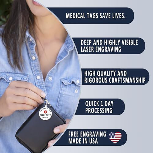 Divoti Pre-Engraved Medical Alert ID Bag Tag - Laser-Engraved Emergency Medical Alert - 1.25" Zipper Pull or Keychain with Cable Loop or Clip - Durable, Travel-Friendly Pill Reminder Tag3