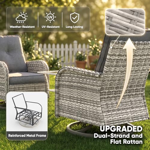 Image of 3-Piece Small Patio Furniture Set, Outdoor Swivel Rocking Chairs Set with Wicker Chairs and Tempered Glass Side Table, Outdoor Furniture Patio Bistro Set for Balcony, Deck, Porch