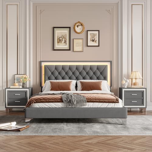 Harper & Bright Designs 3-Piece Queen Bedroom Set, Upholstered Platform Bed with LED Lights and 2 Nightstands, Modern Gray