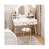 JATIBOSH Vanity Table with Lighted Mirror, Makeup Dressing Table with Large Drawer and Drawer Chest, Dresser Table with Cushioned Stool and 3 LED Lights for Women