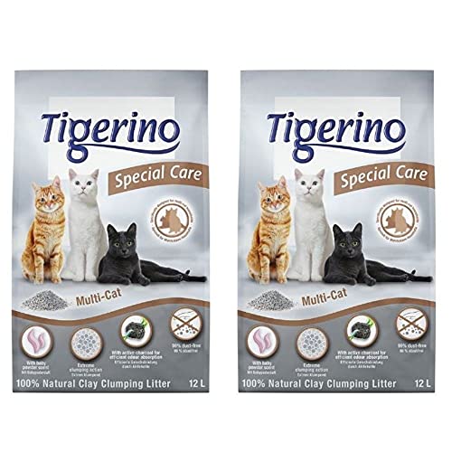 Tigerino Special Care Cat Litter - Multi-Cat 2x12L Clumping Litter Made From Natural Bentonite, With Fresh Baby Powder Scent Ideal For Multi-Cat Households, Virtually Dust-Free