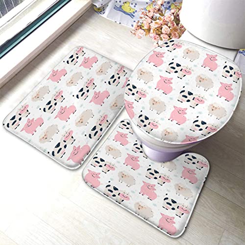 Badezimmerteppich-Set, 3-teilig, Kühe, Schweine auf dem Bauernhof, waschbare Badeteppiche, rutschfest, mit Rückenpolster, Konturteppich und Toilettendeckelbezug