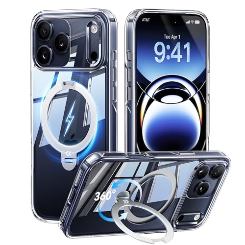 【透き通る上質感・定点360°回転】CASEKOO iPhone 17 Pro Max 用 ケース クリア 米軍MIL規格 フィット感 MagSafe対応 最大25W急速充電対応 横縦両立 角度自在 超強磁力 耐衝撃 高耐久性 ラップホール付き 透明 黄変防止 いphone17promax 用ケース 6.9インチ「MagicStand Pro Kori」(クリア)