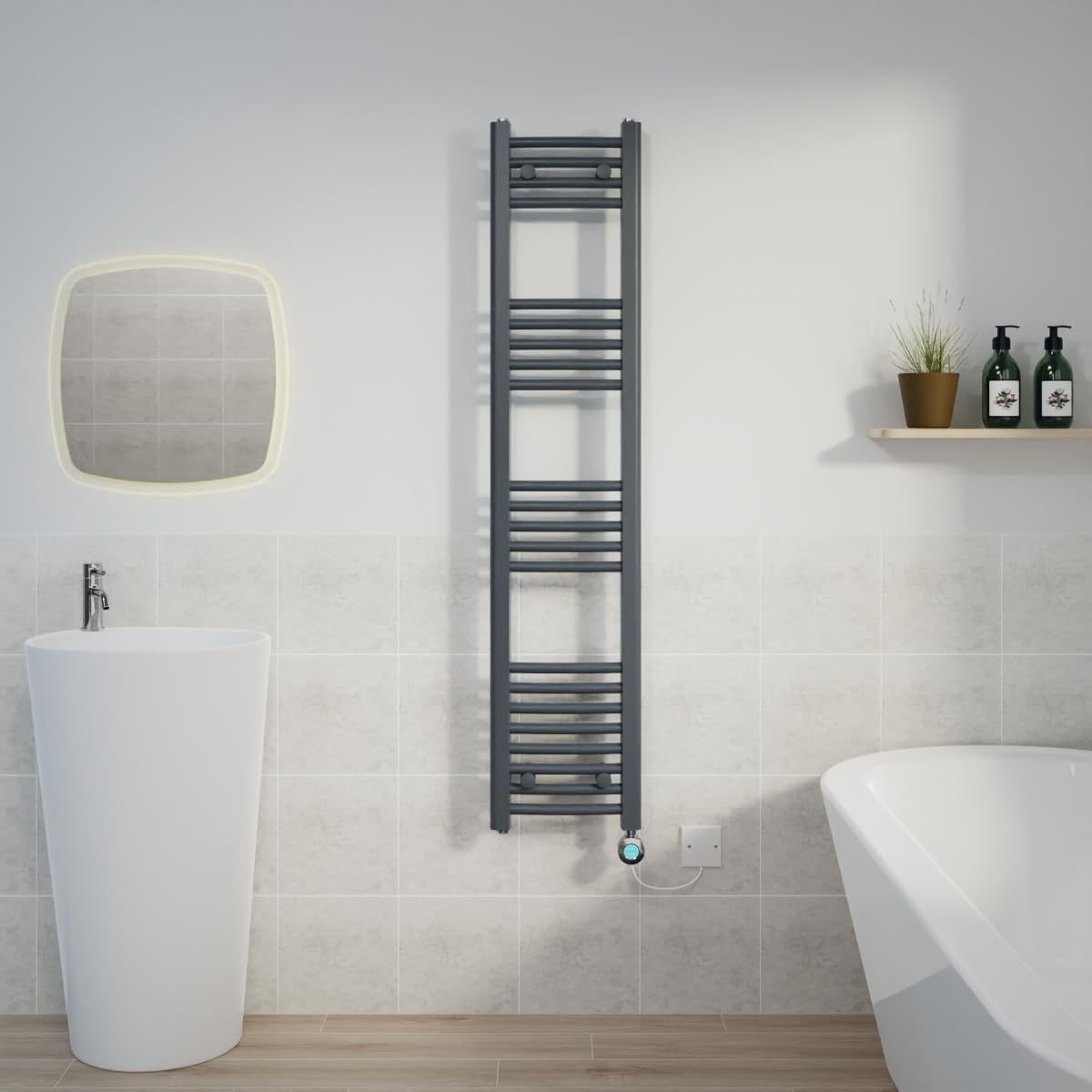 Warmehaus Prefilled 1400x300mm Curved Electric Heated Towel Rail with Timer Thermostatic Bathroom Radiator Anthracite - 800W(Chrome Heating Element) — image 1