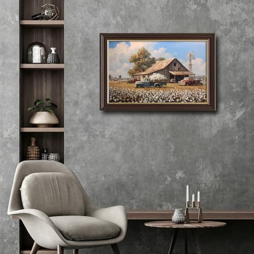 Image of Vintage Framed Cotton Field Canvas Wall Art, Old Farm Trucks with Windmill Canvas Prints Pictures, Southern Farmhouse Wall Decor for Living Room Bedroom Farmhouse