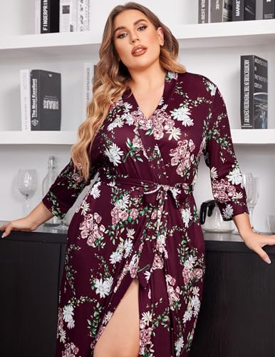 Image of IN'VOLAND Womens Plus Size Kimono Robes Long Knit Bathrobe V Neck Ladies Loungewear Lightweight Soft Sleepwear 1X-5X
