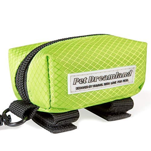 Pet Dreamland Dog Waste Bag Dispenser - Poop Bag Dispenser for Leash - Includes one Free Roll of Doggie Poop Bags - Zippered Pouch, Hook&Loop Straps and Carabiner Clip for Easy Carry (Green)