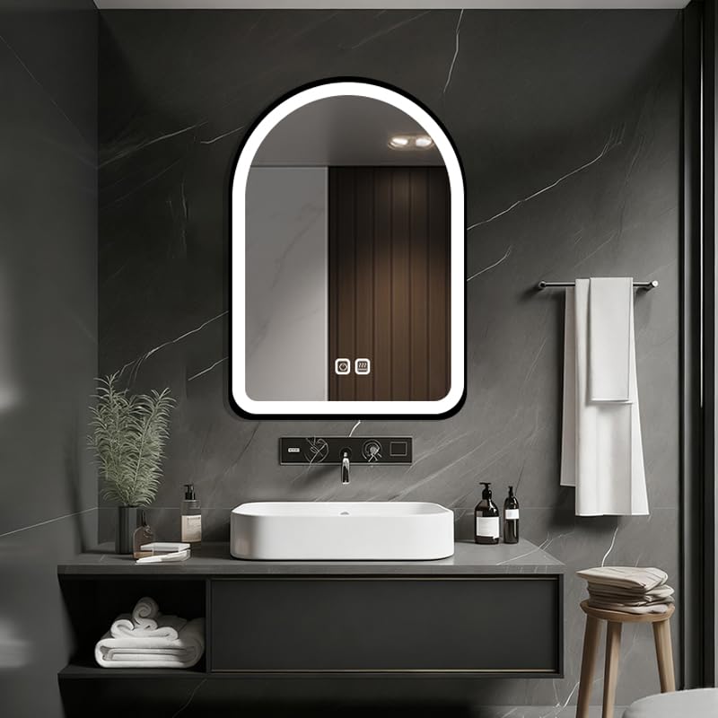 HIGHBATH 50 x 70 cm Arched LED Mirror for Bathroom, Arched Lighted Vanity Mirror, Dimmable, Shatter-Proof, Anti-Fog, 3 Colors, Memory, Black