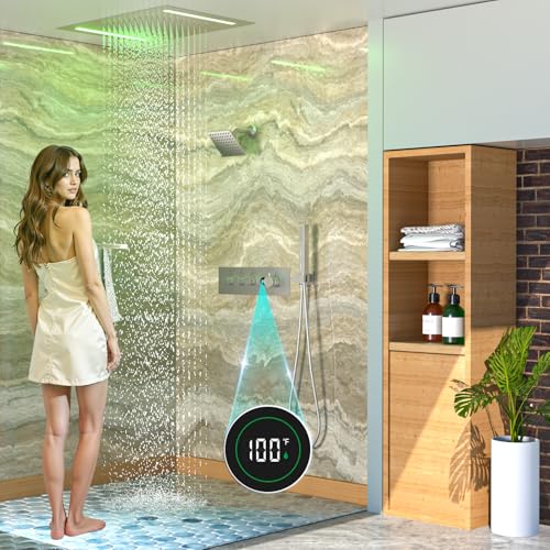 Enga sistema de ducha doble LED de 20 x 14 pulgadas, válvula termostática con pantalla de temperatura, ducha de lluvia de 6 pulgadas montada en pared con 2 modos y rociador manual, níquel cepillado miniatura 2