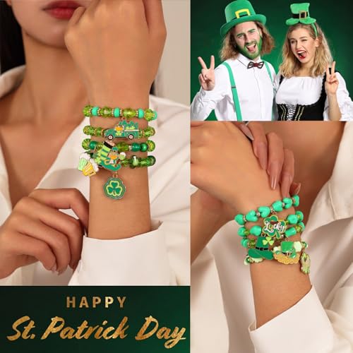 Spiritlele 12 Pieces St. Patrick's Day Green Lucky Leaf Charm Bracelets Costume Beaded Strand Stretch Bracelet Wristband Set3