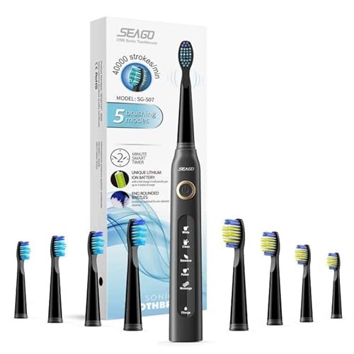 Seago Rechargeable Ultrasonic Toothbrush, Electric Toothbrushes Adults with 8 Dupont Brush Heads, Once Full Charge Lasts for 30 Days, Electric Toothbrush with Timer Gift for Family, Black