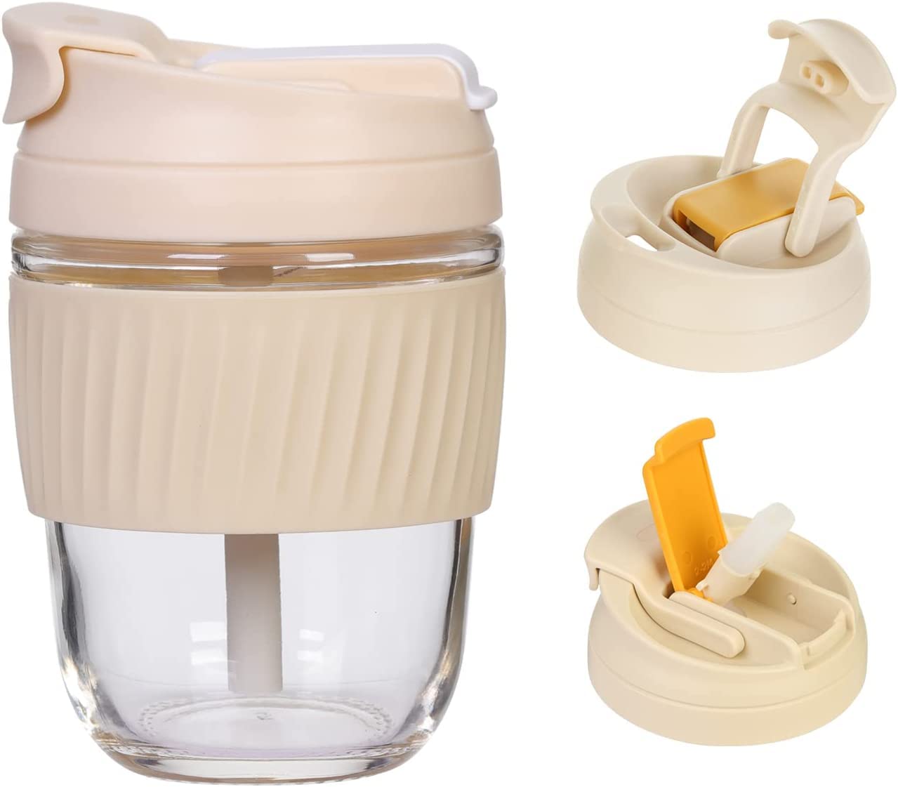 Fruitalite Reusable 350 ML Glass Coffee & Tea Mug | Unique 2-in-1 Lid, Thick Borosilicate Glass Tumbler, Anti-Slip Silicone Band, Leak-Proof Travel Cup Sipper Straw for Hot & Cold Drinks- Cream Yellow