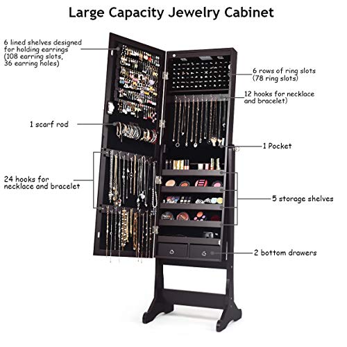 Giantex-2-LEDs-Lockable-Standing-Jewelry-Cabinet-with-Full-Length-Mirror-Lockable-Mirrored-Jewelry-Armoire-with-Scarf-Rod-2-Drawers-and-4-Adjustable-Angle-Brown