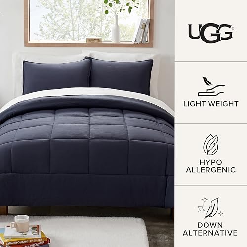 UGG Full/Queen Comforter Set with 2 Pillow Shams, Lightweight Down Alternative Blanket, Reversible Cozy Warm All Season Washable, Hypoallergenic Bedding Set, Navy Blue (Leonora)