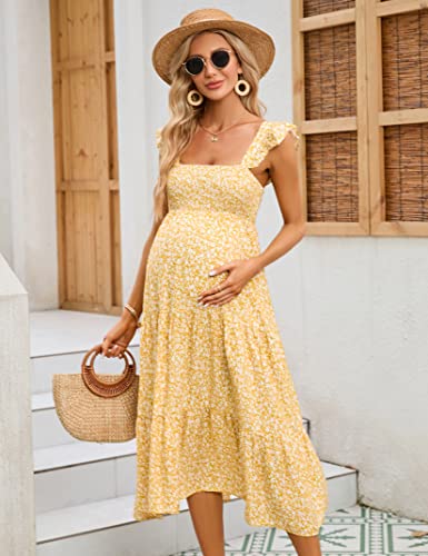 Image of KOJOOIN Womens Maternity Dress Summer Sleeveless Smocked Square Neck Ruffle Casual Boho Midi Dress Baby Shower Photoshoot