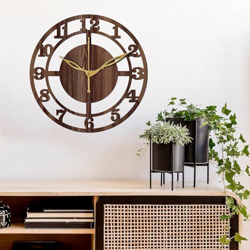 Image of SKYVILLA 12 Inch Wooden MDF Analog Wall Clock English Numerals | Silent Quartz Movement | Lightweight Without Glass Design for Home Living Room, Offices