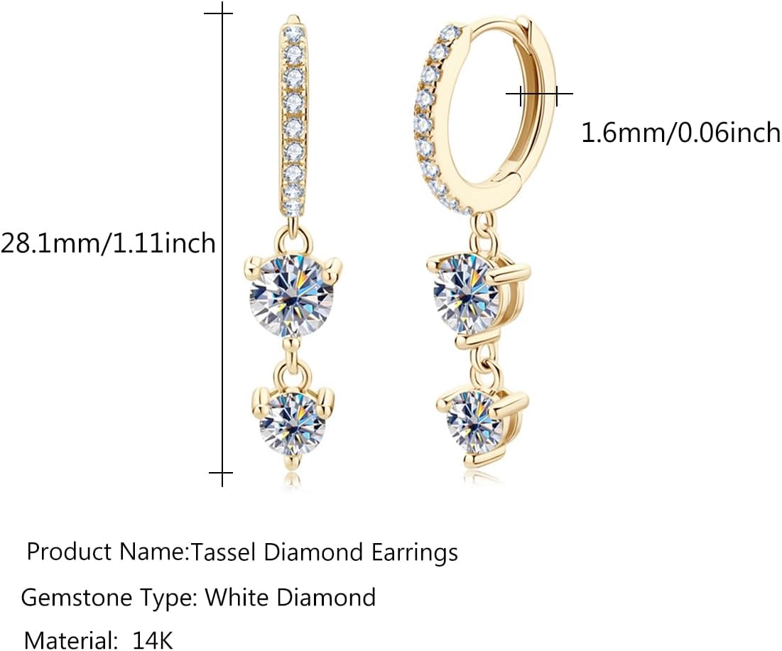 14K Gold over S925 Sterling Silver Long Tassel 0.8ct Diamond Hinged Hoop Earrings, VVS1 D-Color Drop Earrings Luxurious Gift for Anniversary